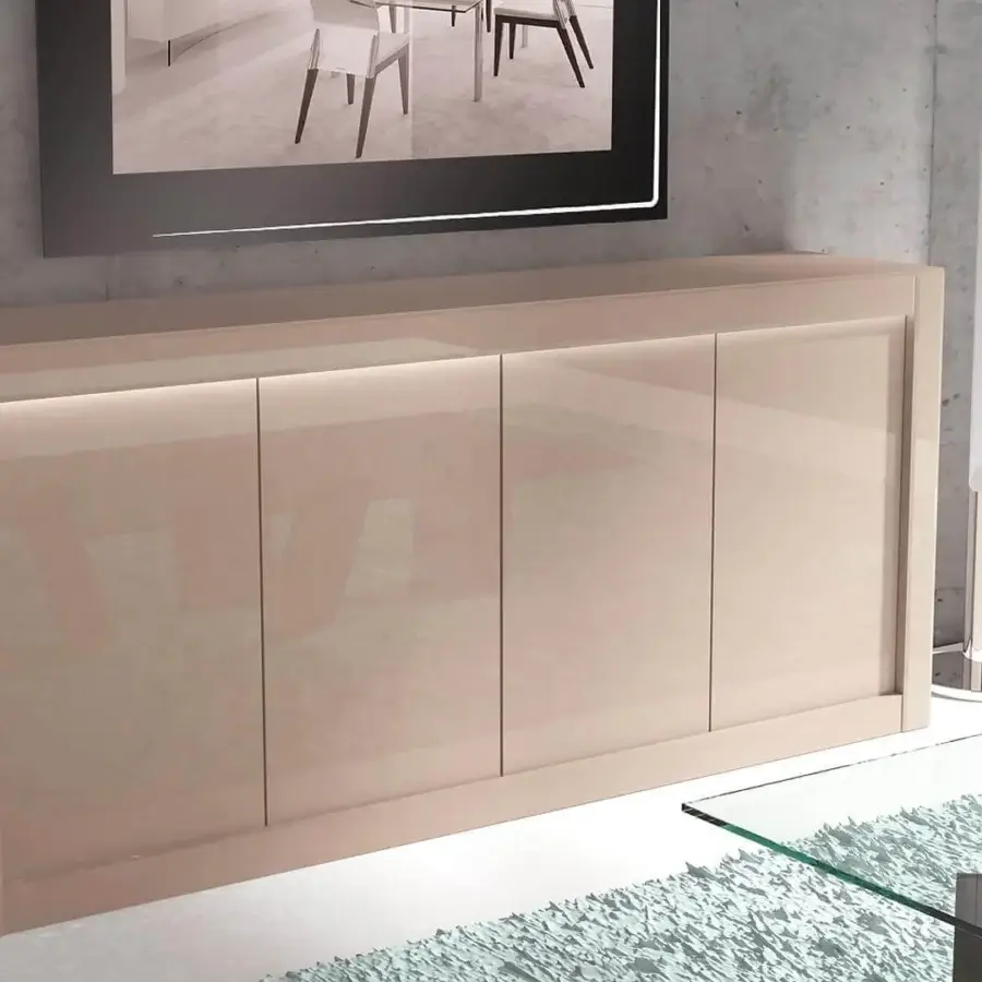 Distinguished Avantgarde Sideboard with shiny lacquered wood, bevelled glass doors and subtle LED lighting underneath the top