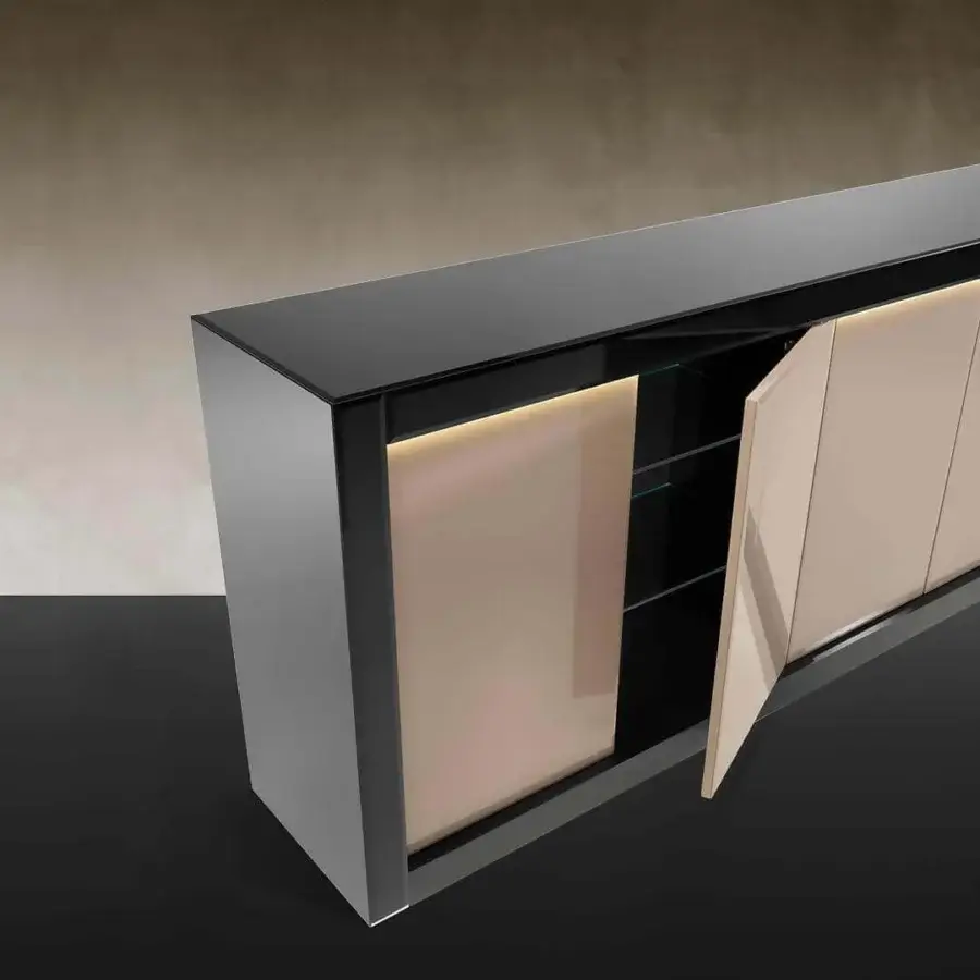 Innovative Reflex Avantgarde sideboard with ebony wood, light beige lacquered glass doors and glossy black lacquered glass top