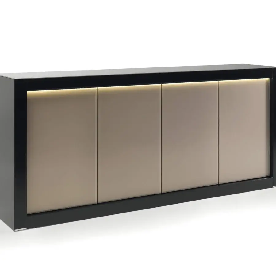 Superior Reflex Avantgarde sideboard with ebony wood, bevelled tan lacquered glass doors and integrated lighting