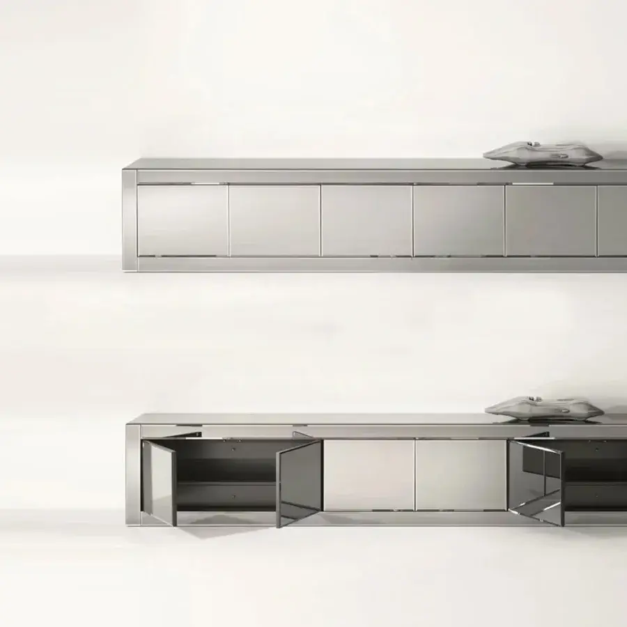 Innovative Reflex Avantgarde sideboard with reflective silver-gray lacquered wood and beveled lacquered glass doors