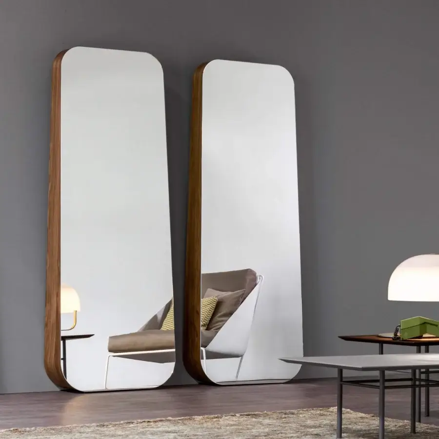 Distinguished Bonaldo Obel mirror with a trapezium shape and American walnut veneered structure in a satin finish