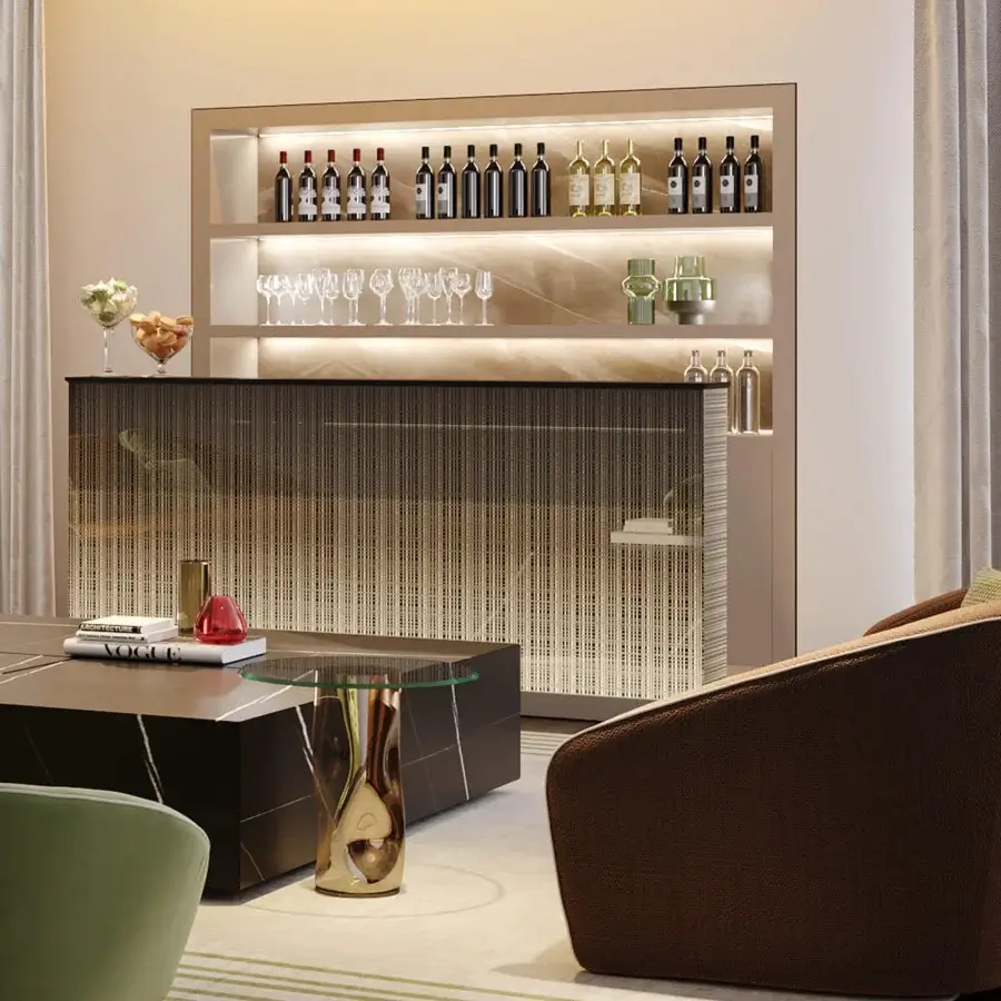 Avant-garde Reflex bar with glass counter, shelving in shiny lacquered finish, and illuminated linear textured front panel