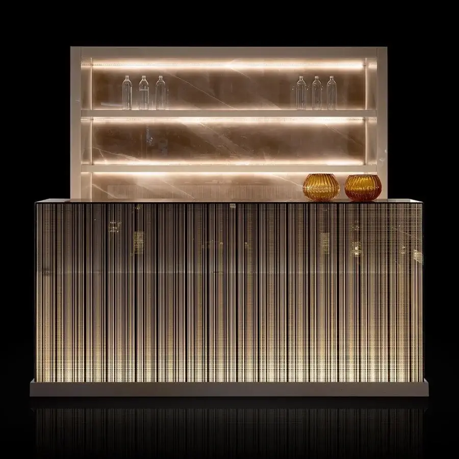 Distinguished Reflex Avantgarde bar with glass counter, Canaletto walnut back, and shiny lacquered shelving built with bevelled glass accents