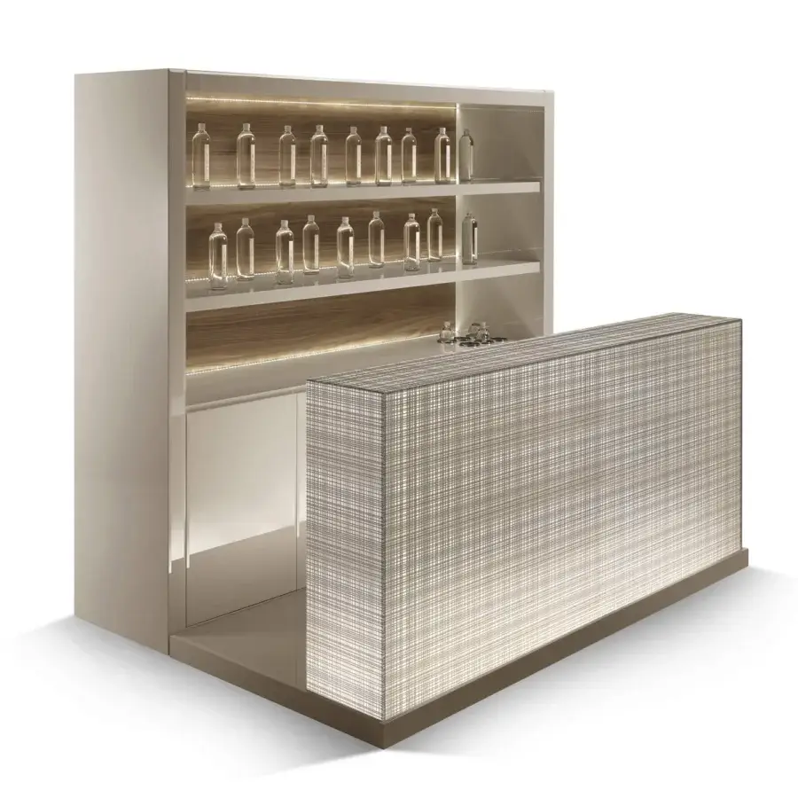 Innovative Reflex Avantgarde bar with illuminated nero beluga lacquered glass counter and shiny lacquered shelves unit