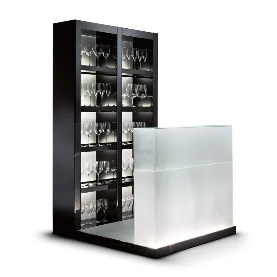 Distinguished Reflex Avantgarde bar with illuminated glass counter and shiny lacquered shelving built in dark wood-like cabinet