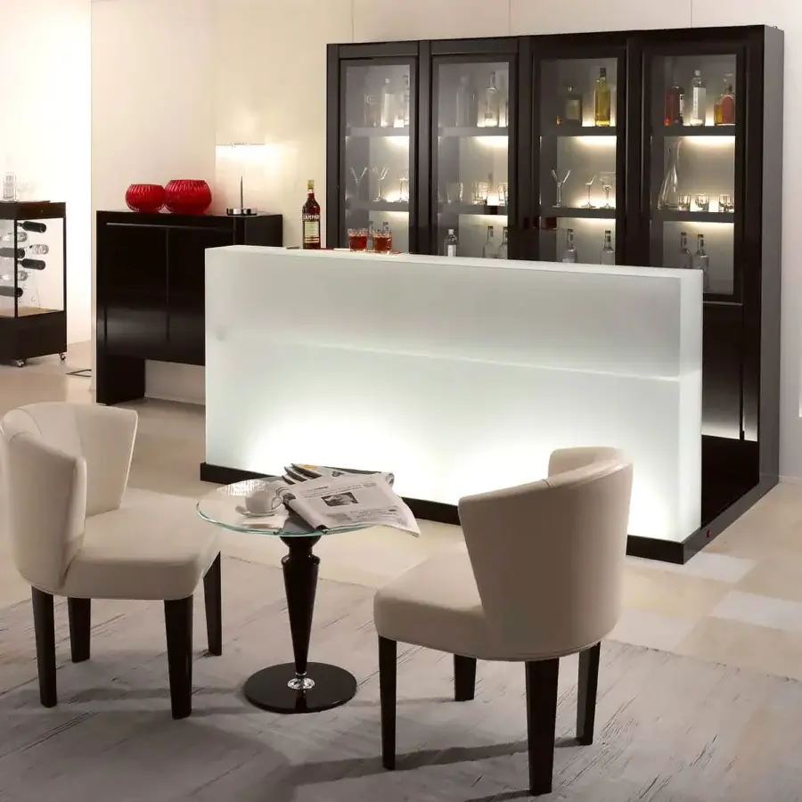 Avant-garde Reflex bar with illuminated white glass counter and dark glossy nero beluga lacquered base