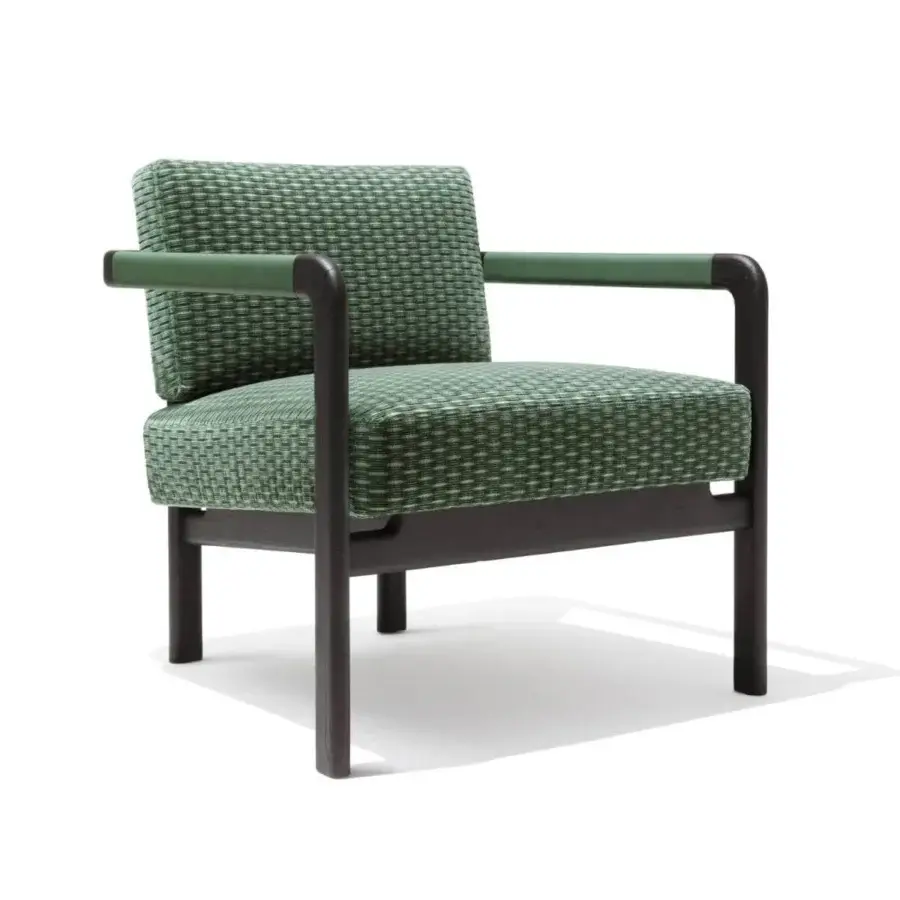 Distinguished Giorgetti Montgomery lounge chair with solid ash structure and woven green textile upholstery, built with a dark finish