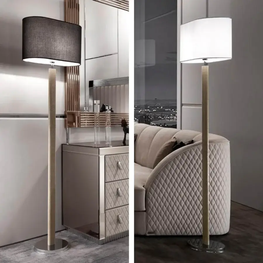 Sophisticated DV Home Collection Adler floor lamp with Alligatore leather-covered metal and chrome finished circular base