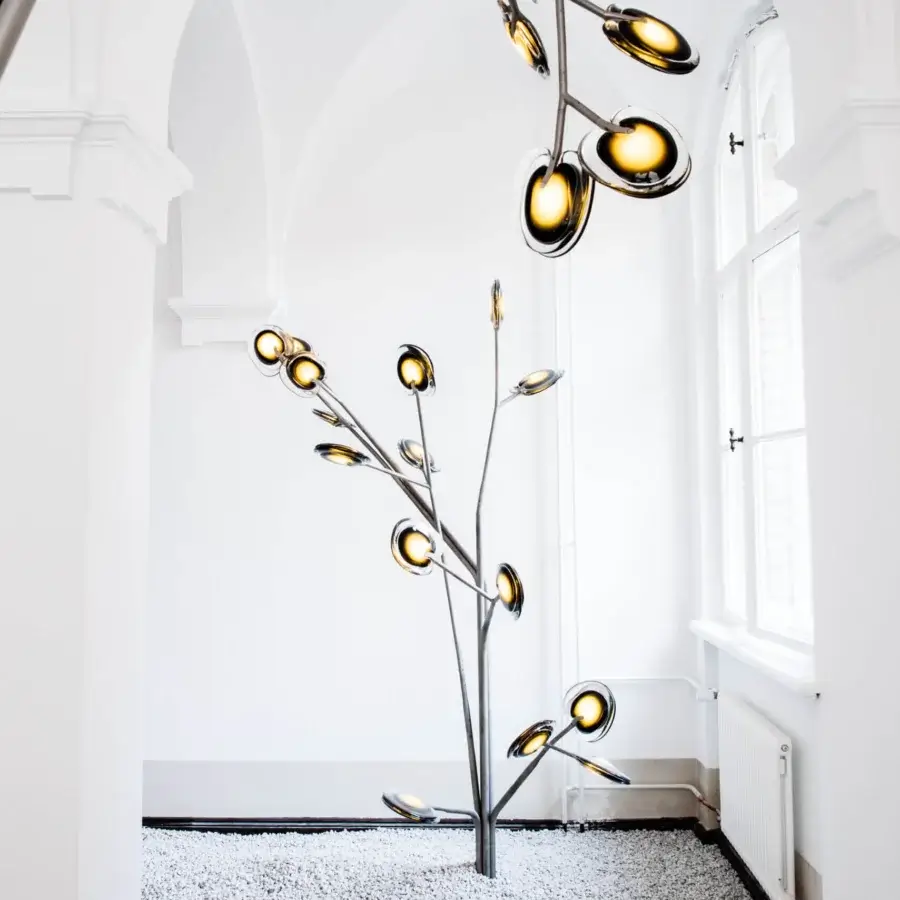 Distinguished Bocci 16 Tree floor lamp with sequentially poured layers of colored molten glass and a simple metal base