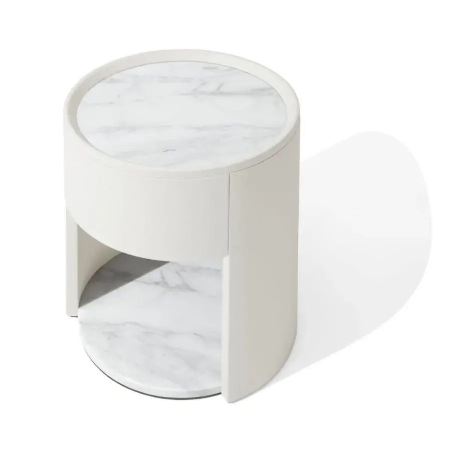 Elegant Giorgetti Side Vibe nightstand crafted in off-white leather with a marble-patterned top and lower shelf