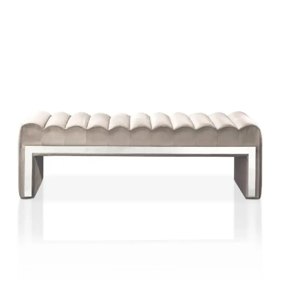 Superior DV Home Collection Envy bench with solid beech wood structure and light beige textile upholstery with polished metal base