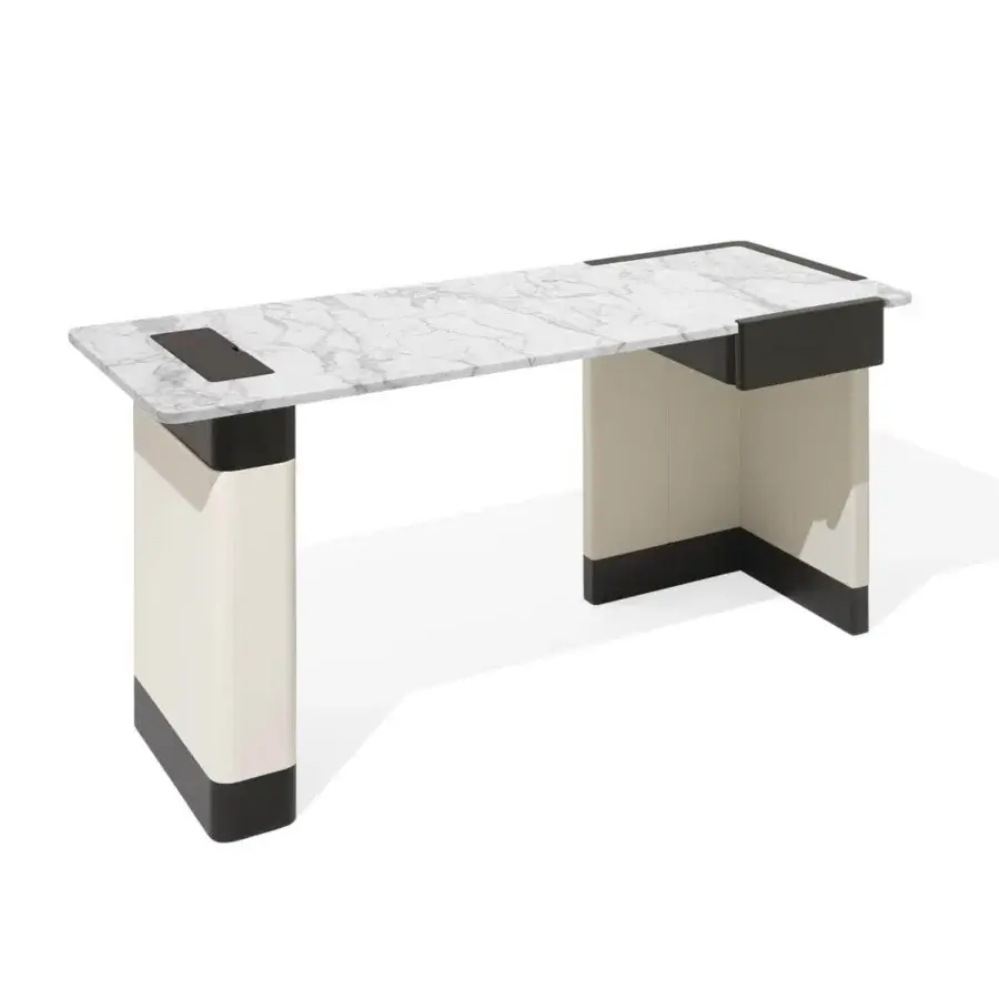 Exceptional Giorgetti Edward vanity with flexuous ash structure and marble top, showcasing integrated ash drawer and light beige leather legs