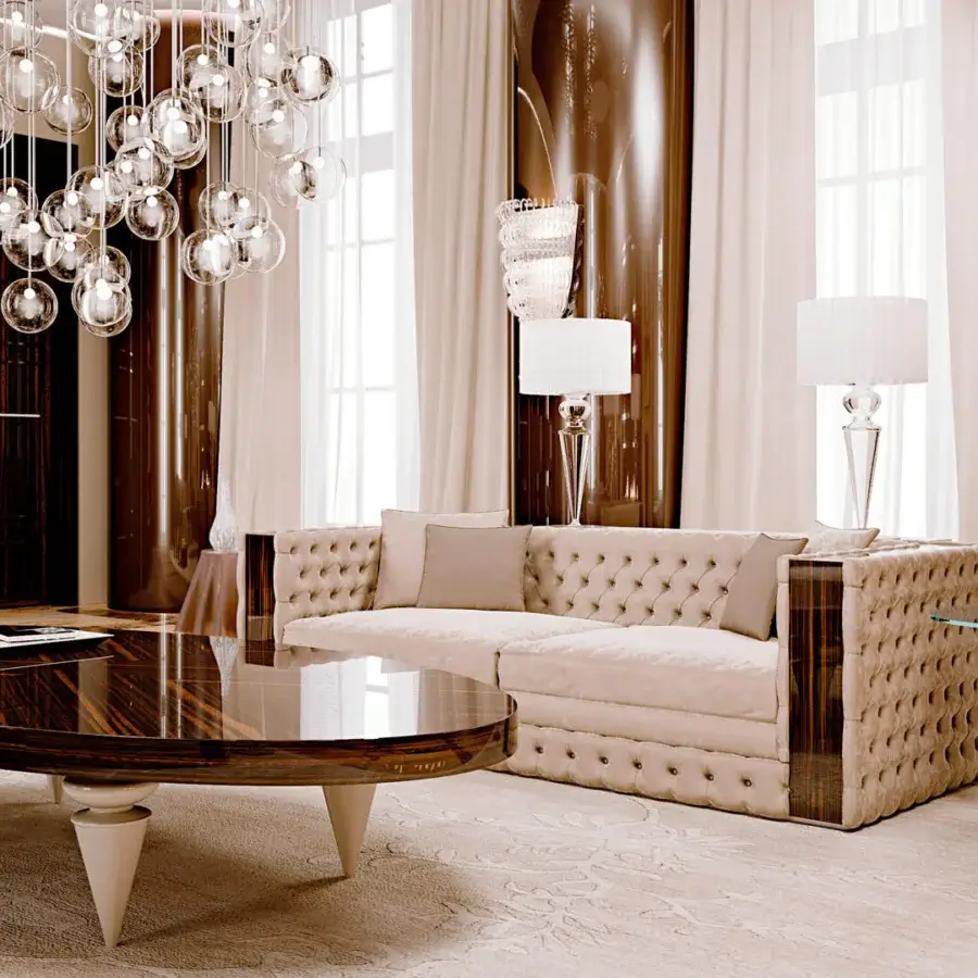 Distinguished Reflex Gran Canal coffee table with shiny ebony wood and plain transparent Murano glass legs