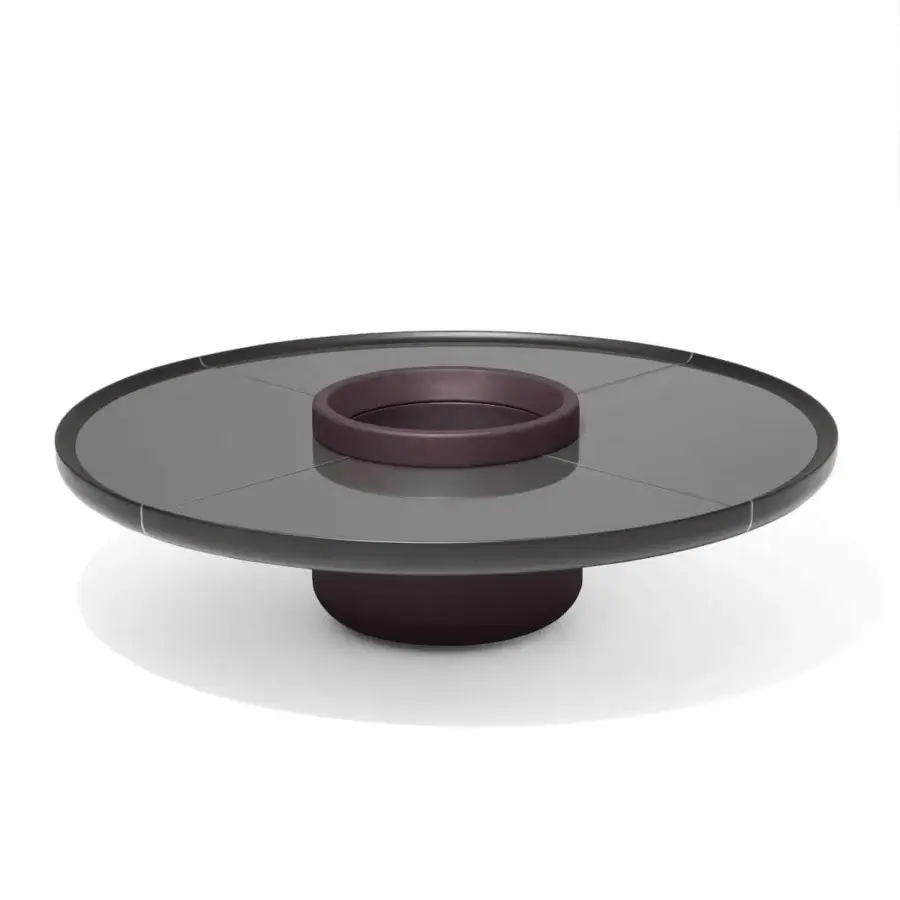 Innovative Giorgetti Ray coffee table with a circular ash frame and gray back-painted glass segments, including a leather-covered storage structure
