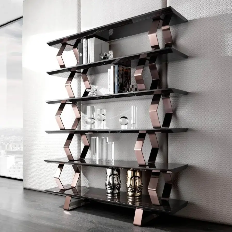 Distinguished DV Home Collection Deco bookcase with six glossy lacquered shelves and ten refined hexagonal metal elements