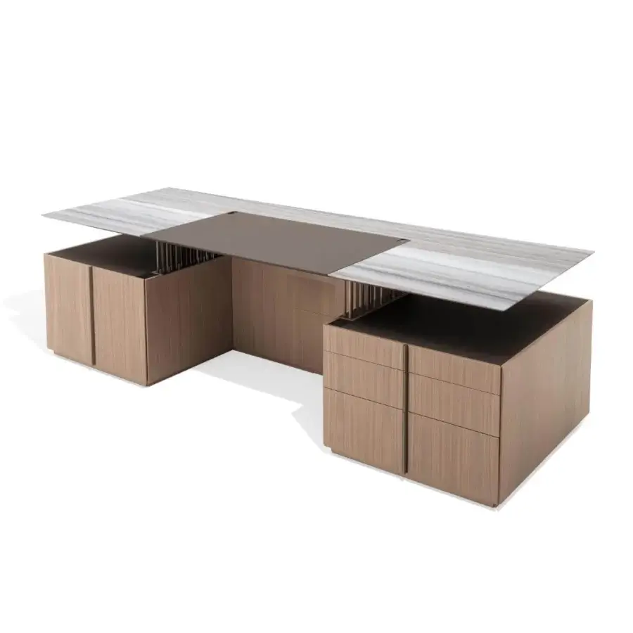 Superior Giorgetti G-Code desk with Canaletto walnut structure and sculptural marble-patterned top elevated by a metal rod array