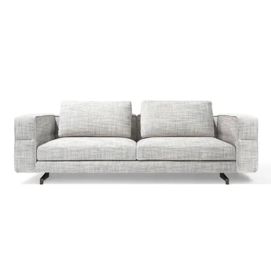 Exceptional Giorgetti Soho sofa in light gray woven textile with aluminum feet and modern capitonné detailing