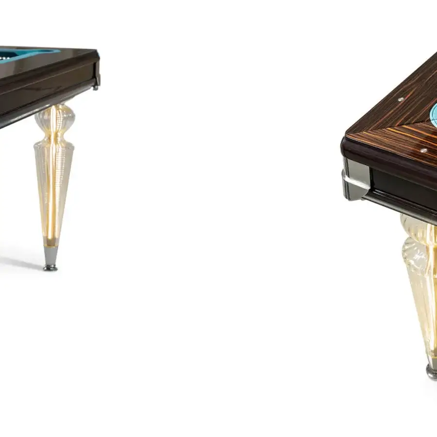 Lavish Reflex Bill pool table with shiny lacquered wood, light blue playing-felt and clear Murano glass legs with golden details