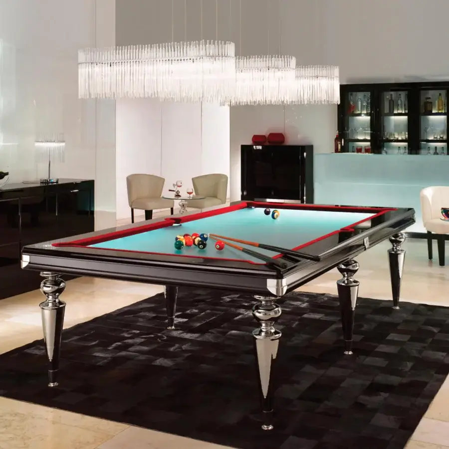 Distinguished Reflex Bill pool table with shiny lacquered wood, light blue playing-felt framed by a red border and Murano glass legs