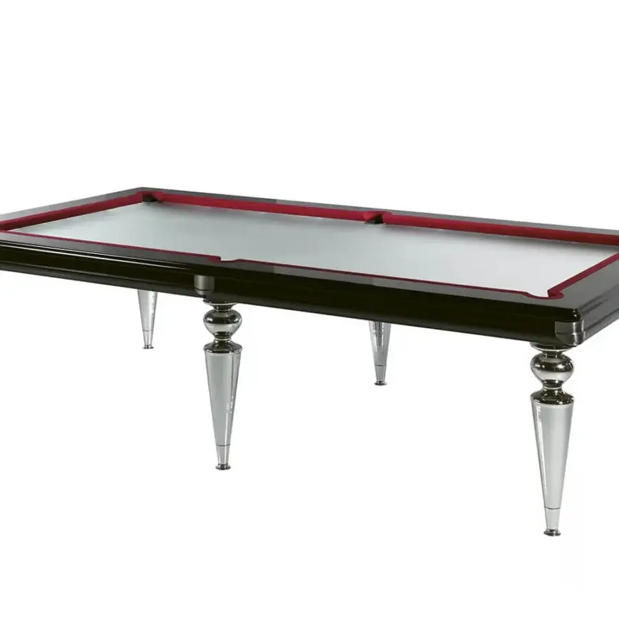 Exceptional Reflex Bill pool table with shiny lacquered wood, Murano glass legs and striking red textile lining