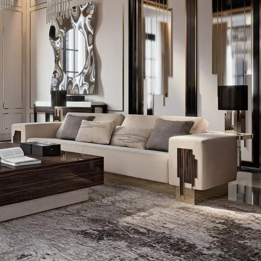 Lavish Reflex Belle Epoque sofa with wooden structure, light beige textile upholstery and glazed gold finished metal accents