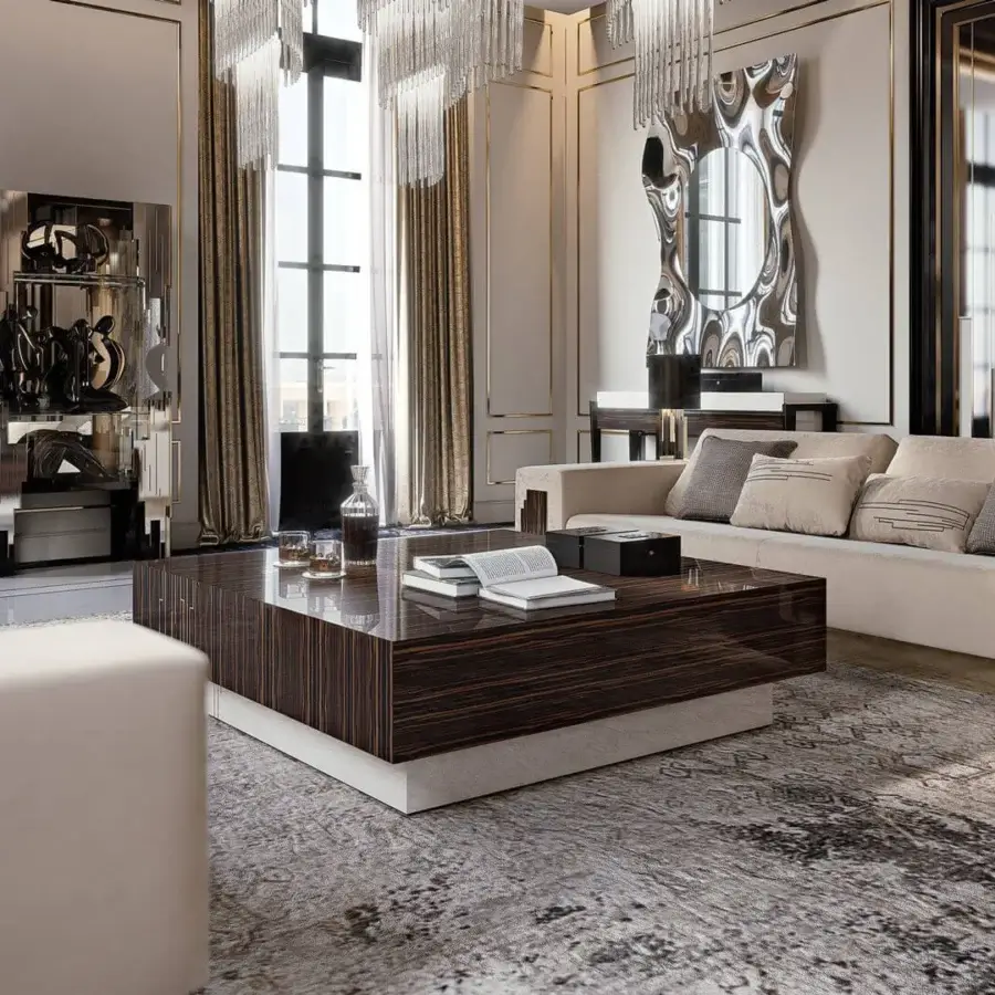 Superior Reflex Belle Epoque sofa with wooden structure, light beige textile upholstery and lacquered latte-colored wood armrests in glazed gold finish