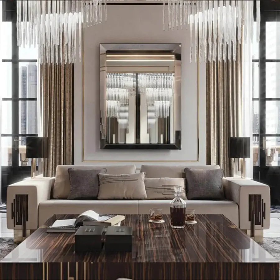 Exclusive Reflex Belle Epoque sofa with light beige textile upholstery, lacquered latte wood and glazed gold metal accents