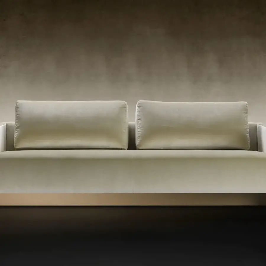 Lavish Reflex Belle Epoque sofa with wooden structure, padded cushions, lacquered latte wood decorations and glazed gold metal accents