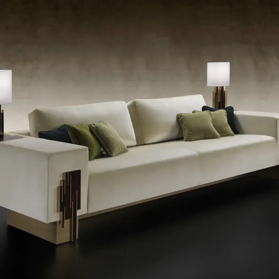 Superior Reflex Belle Epoque sofa with wooden structure, cream textile upholstery, brass plinth and nero beluga lacquered wood accents