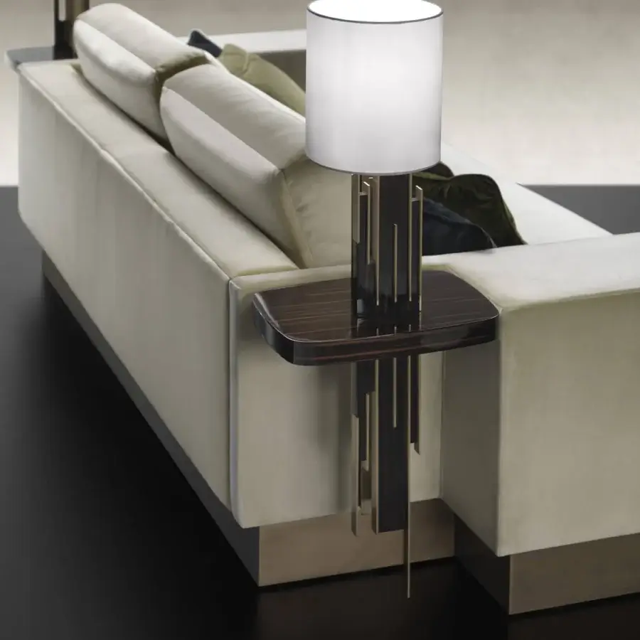 Distinguished Reflex Belle Epoque sofa with wooden structure, lacquered latte decorations, gold metal, plus embedded side tables in brass finish