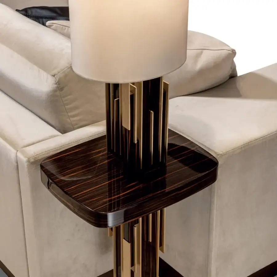 Exceptional Reflex Belle Epoque sofa in light beige textile with brass plinth and lacquered latte wood decorations with glazed gold finish