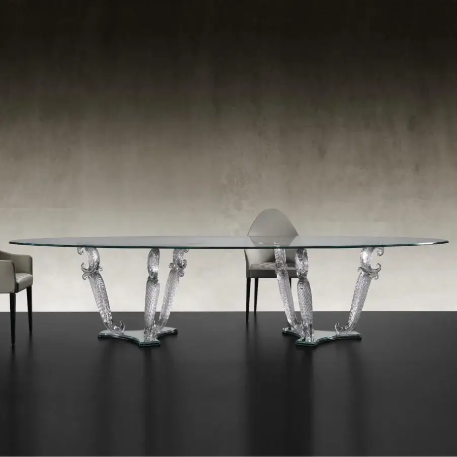 Distinguished Reflex Casanova table with transparent Murano glass legs and black lacquered glass plinth crafted from extra-clear beveled glass