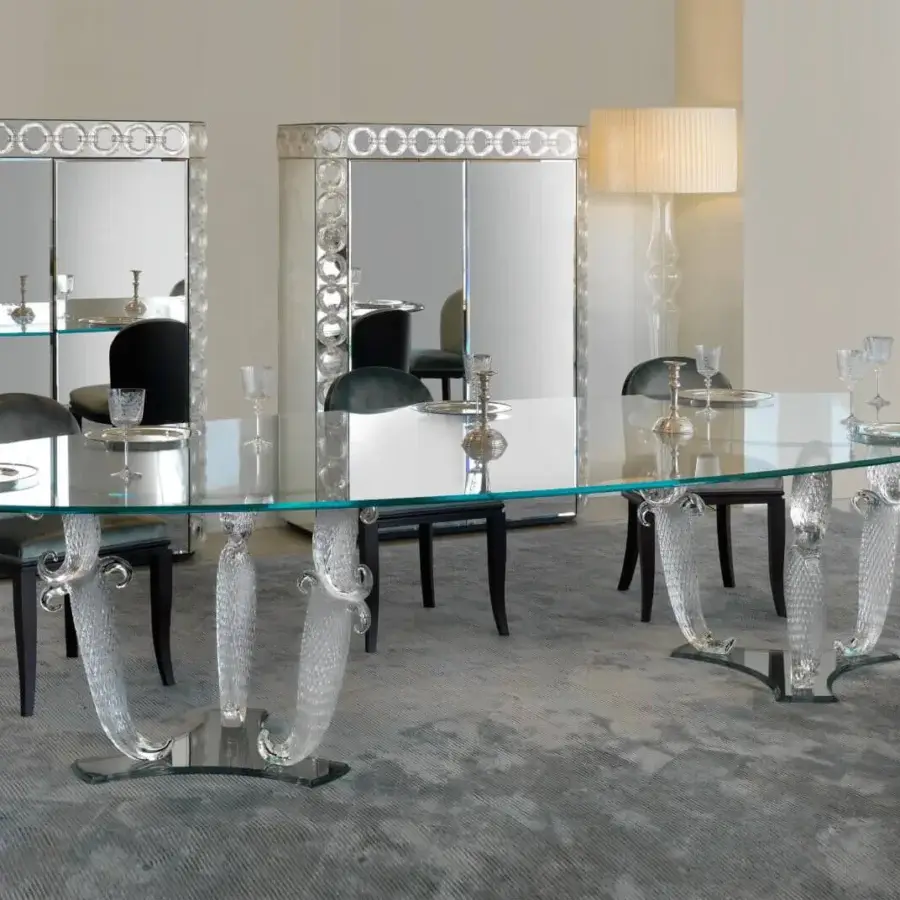 Captivating Reflex Casanova table with extra-clear glass top and ornate transparent Murano glass legs built with a black lacquered plinth