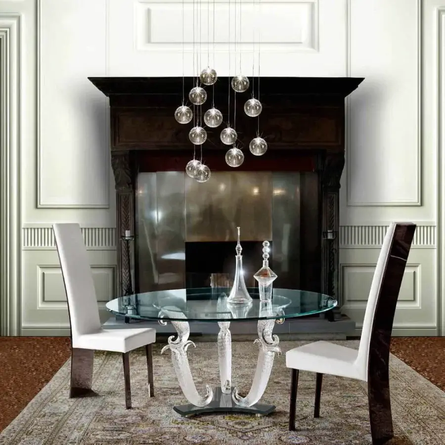 Superior Reflex Casanova table with beveled extra-clear glass top and swirling transparent Murano glass legs in black lacquered glass