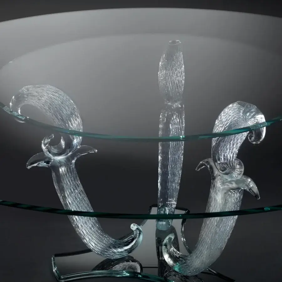 Exclusive Reflex Casanova table with extra-clear glass top and sculpted transparent Murano glass legs in black lacquered glass