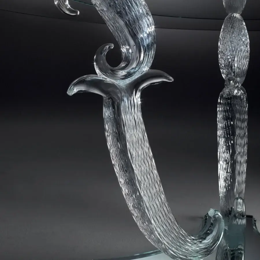 Captivating Reflex Casanova table with sculpted transparent Murano glass legs and extra-clear beveled glass top