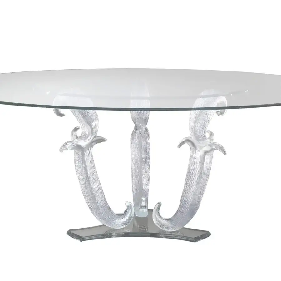 Elegant Reflex Casanova table with extra-clear glass top and transparent Murano glass legs crafted in Italy with a glossy finish
