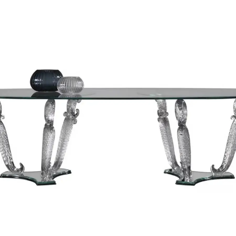 Distinguished Reflex Casanova table with extra-clear beveled glass top and scroll-like transparent Murano glass legs exhibiting gradient detail
