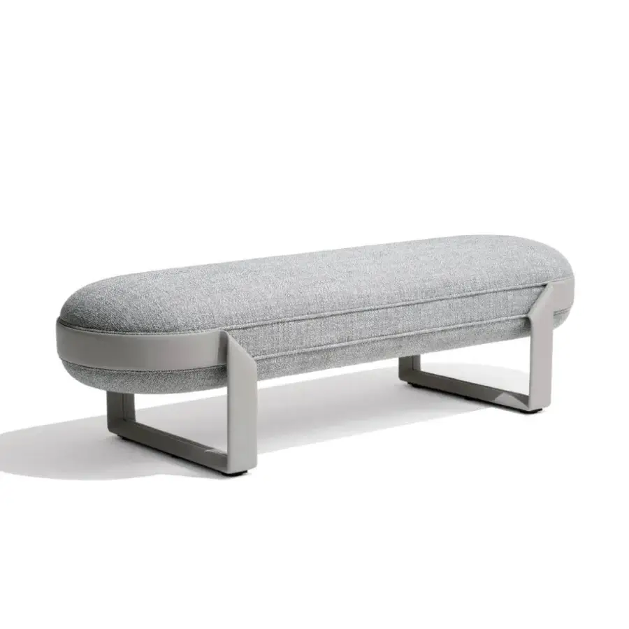 Superior Giorgetti Shirley bench with elongated rounded silhouette in light gray textured fabric and matte light gray metallic frame