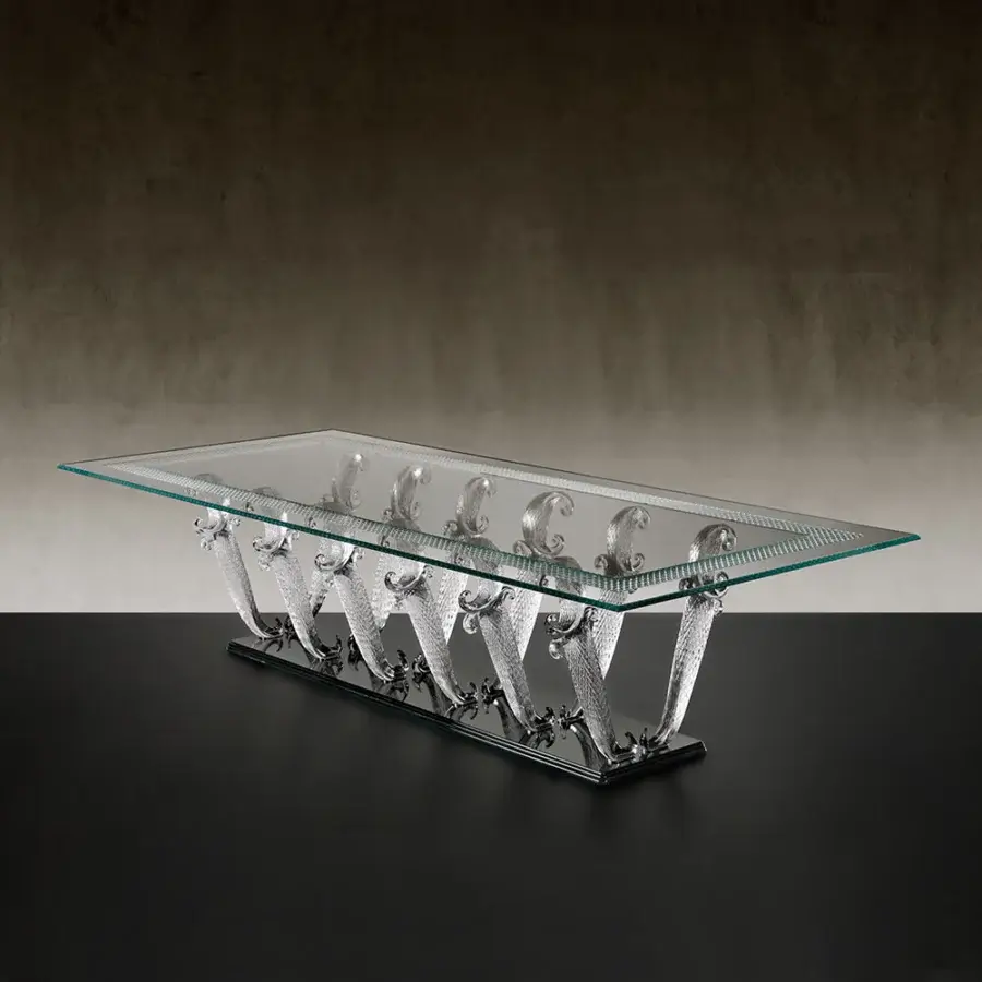 Exceptional Reflex Casanova table with clear glass top, Bohème engravings and transparent Murano glass legs in black lacquered glass