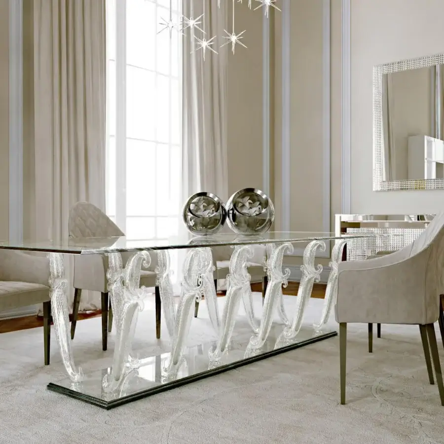 Superior Reflex Casanova Special table with extra-clear beveled glass top and transparent Murano glass legs in black lacquered glass