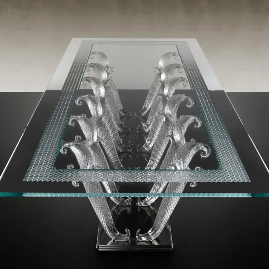 Elegant Reflex Casanova Special table with beveled clear glass top and sculptural transparent Murano glass legs in black lacquered glass