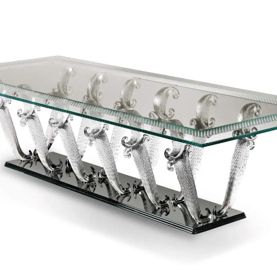 Superior Reflex Casanova Special table with clear extra-clear glass top and textured transparent Murano glass legs in black lacquered glass