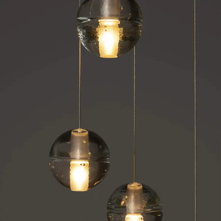 Distinguished Bocci 14 Random suspension lamp with cast glass spheres and a textured dark tinted surface