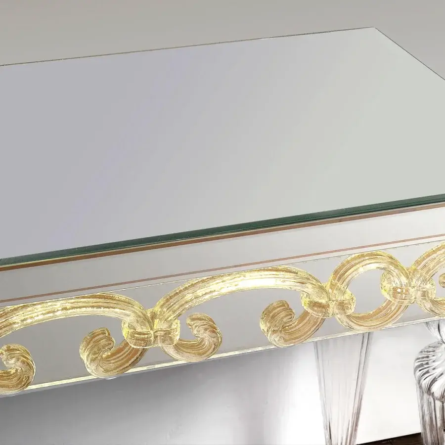 Lavish Reflex Casanova console crafted with wooden structure, extra-clear mirror glass and gilded Murano glass decorations