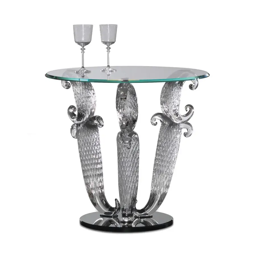 Elegant Reflex Casanova side table with beveled extra-clear glass top and ornate transparent Murano glass legs built with a black lacquered plinth