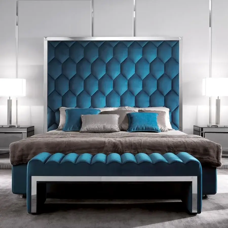 Sophisticated DV Home Collection Envy bed with deep teal fabric upholstery and sleek steel frame construction