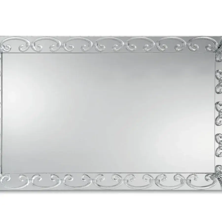 Elegant Reflex Casanova mirror with extra clear glass decorated by transparent curly Murano glass and integrated silver-toned LED lighting