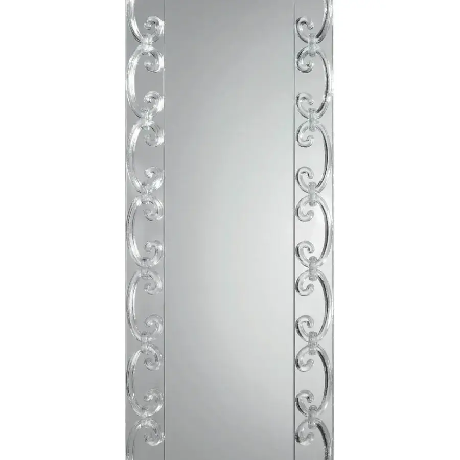 Lavish Reflex Casanova mirror crafted with extra clear glass and ornate transparent curly Murano glass elements with integrated lighting