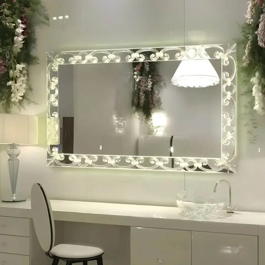 Distinguished Reflex Casanova mirror with extra clear beveled glass and transparent curly Murano elements illuminated with LED lighting